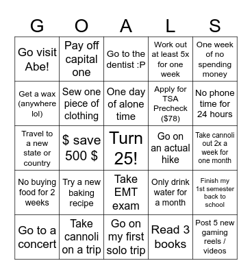 Personal Goal Bingo! Bingo Card