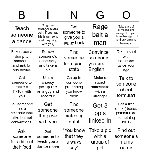 Night out Bingo Card