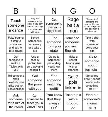 Night out Bingo Card