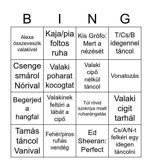 Vani esküvő bingó Bingo Card