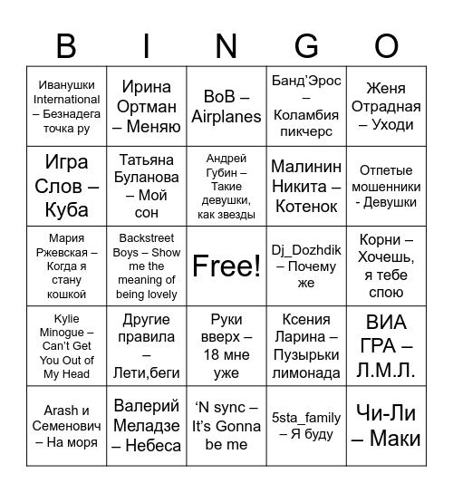 Музыкальное бингоооооо! Слушай,пой,танцуй,обводи исполнителей и выигрывай! Bingo Card
