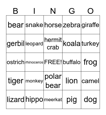 Animal Bingo Card