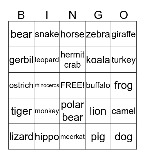 Animal Bingo Card