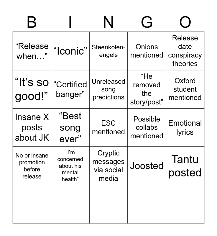 JK album/song release bingo Card