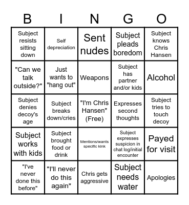 To Catch a Predator Bingo Card
