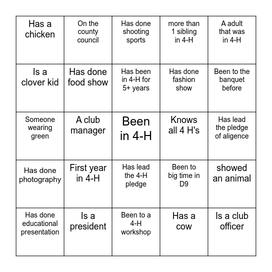4-H Banquet BINGO Card