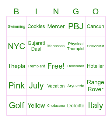 LDW Family Vacation Bingo Card