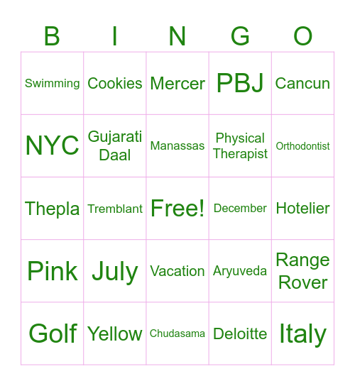 LDW Family Vacation Bingo Card
