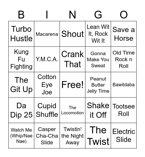 Dance Step Songs Bingo Card