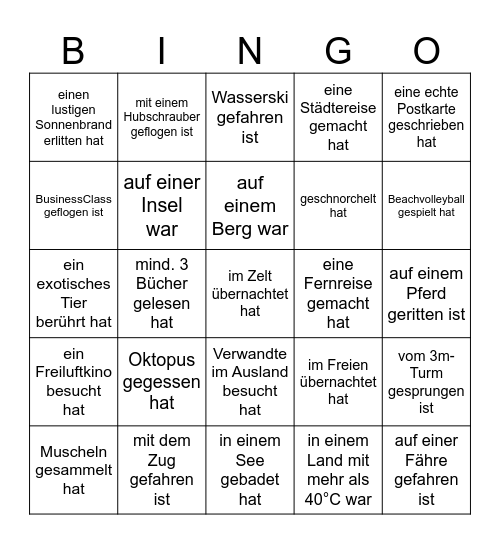 FERIENBINGO Finde jemanden, der... Bingo Card