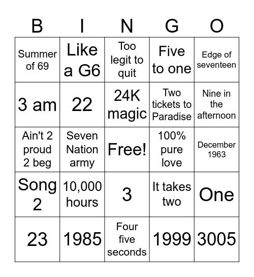 NUMBERS Bingo Card