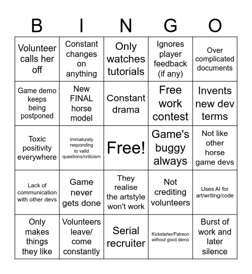 Terrible first indie game project Bingo Card