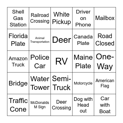 Road Trip Bingo Card