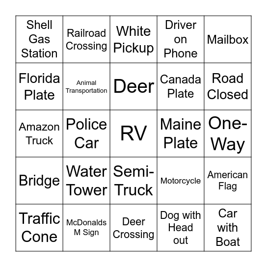 Road Trip Bingo Card