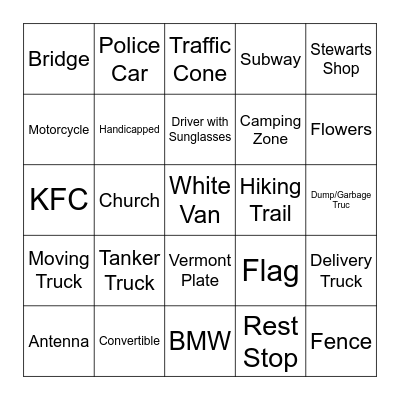 Road Trip Bingo Card