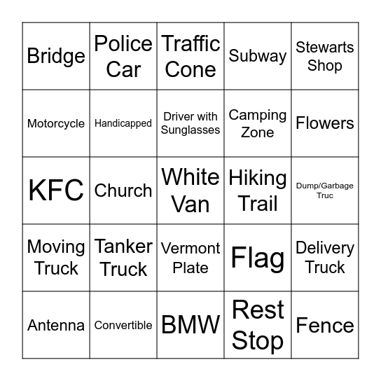 Road Trip Bingo Card