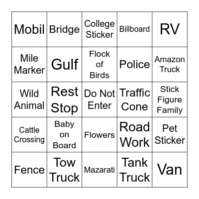 Road Trip Bingo Card