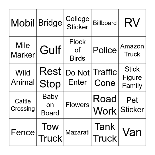 Road Trip Bingo Card