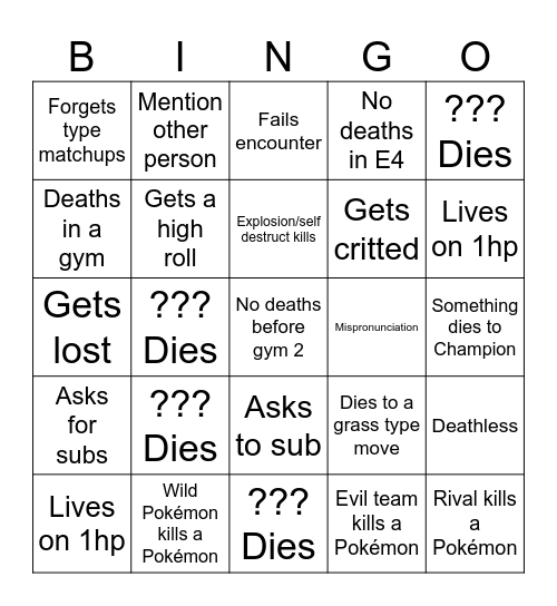 Nuzlocke Bingo Card