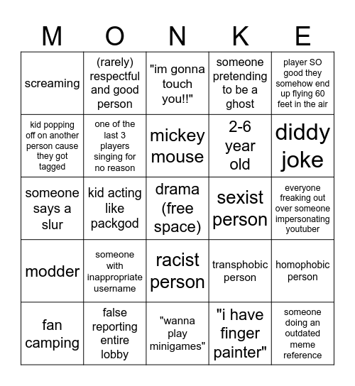 Gorilla Tag Bingo Card
