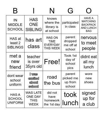1ST WEEK OF SCHOOL Bingo Card