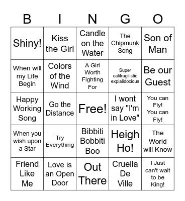Disney Song Bingo Card