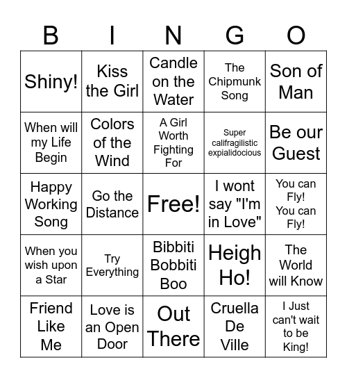 Disney Song Bingo Card