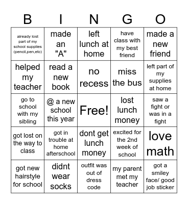 1st WEEK OF SCHOOL Bingo Card