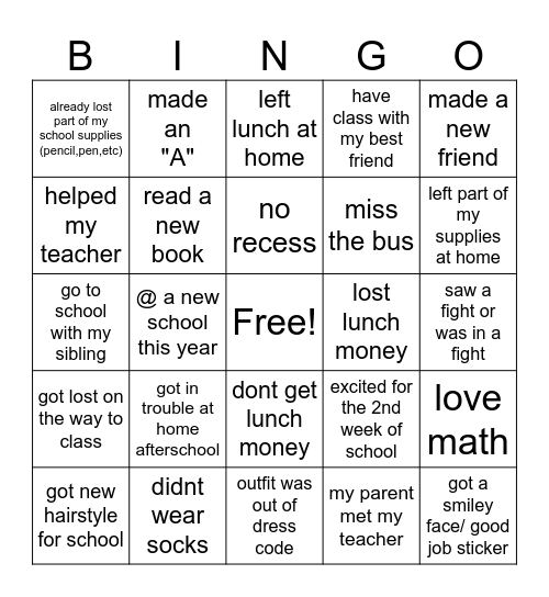 1st WEEK OF SCHOOL Bingo Card