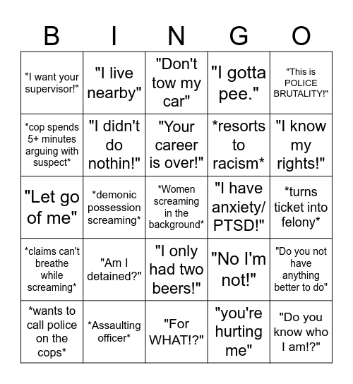 Bodycam Bingo Card