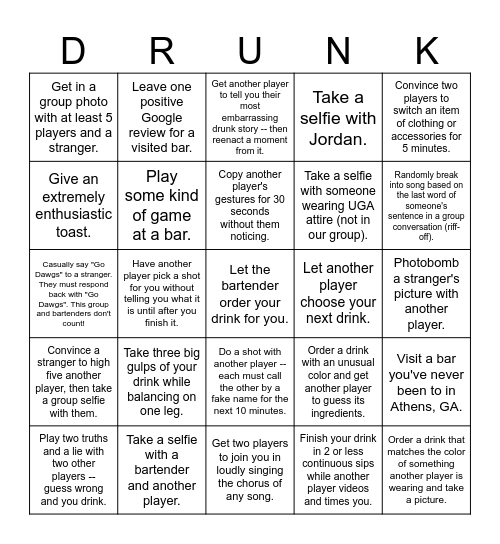 Jordan's Birthday Bingo Card