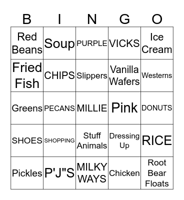 "Millie's"  BINGO Card