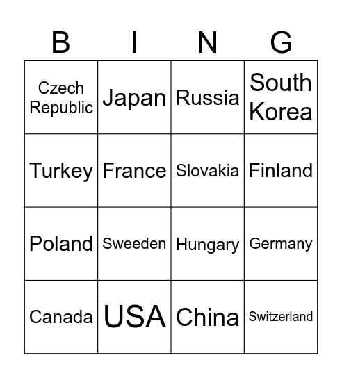Country Bingo Card