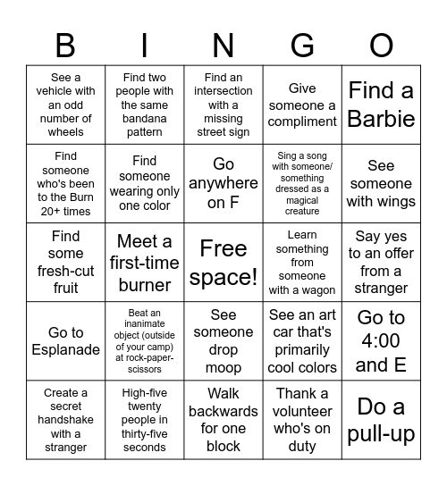 Burning Man Bingo Card
