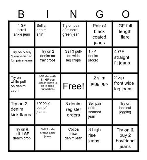 Try-On & Buy Denim Event Bingo Card