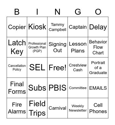 Back to School Bingo Card