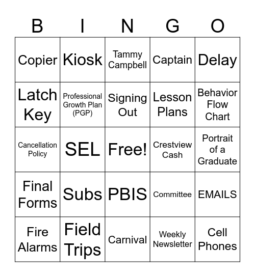Back to School Bingo Card