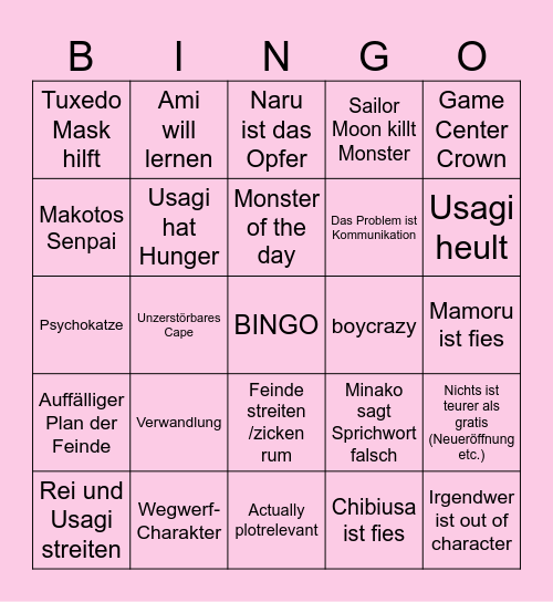 Sailor Moon Bingo Card