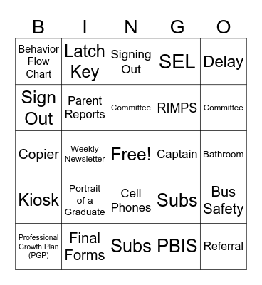 Back to School Bingo Card