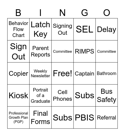 Back to School Bingo Card