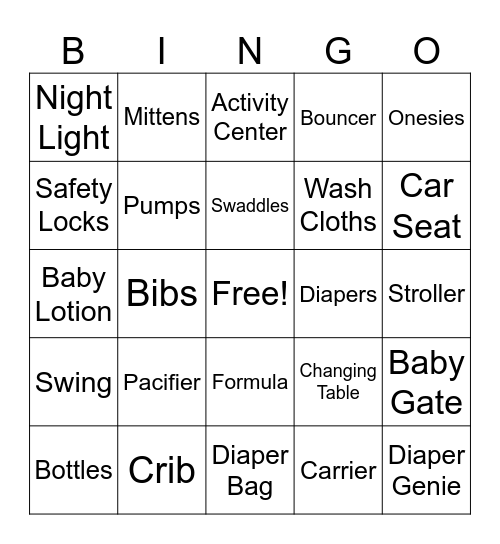Baby Item Bingo Card