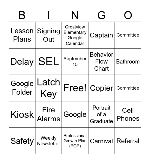 Back to School Bingo Card