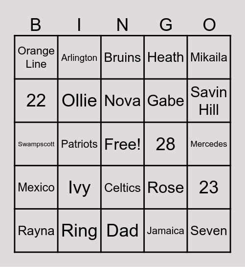 Family Bingo Card