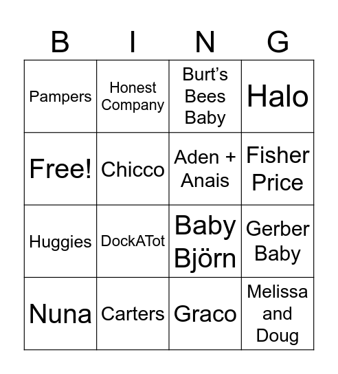 Baby Brand Bingo Card