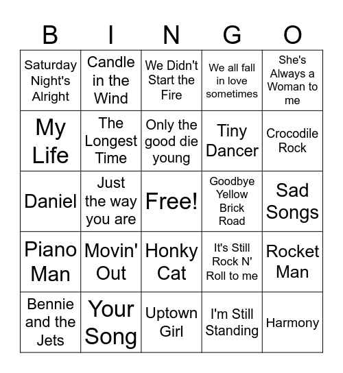 Piano Men Bingo Card