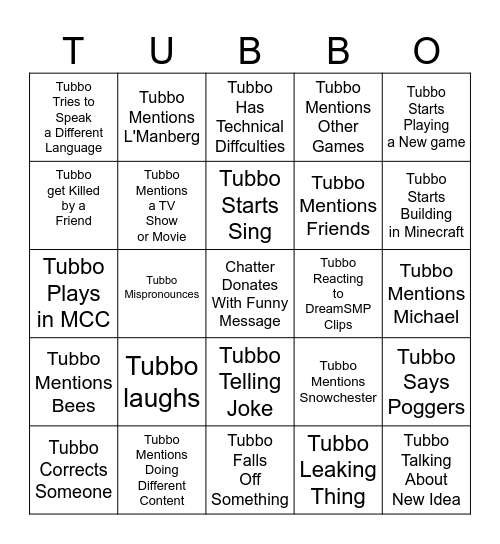 Tubbo Bingo Card