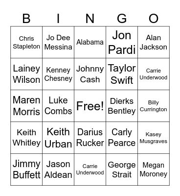 Classic Country Bingo Card
