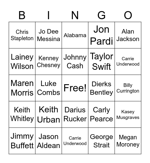 Classic Country Bingo Card