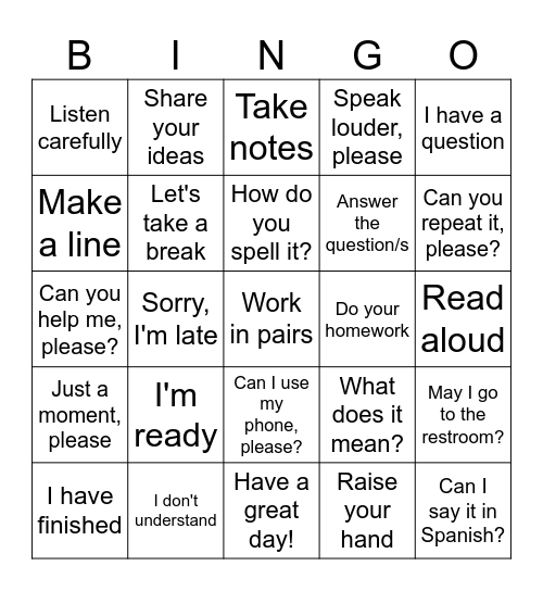 Instructions and Answers in English Bingo Card