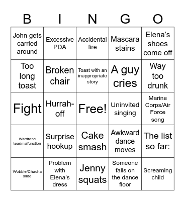 John and Elena’s wedding! Bingo Card